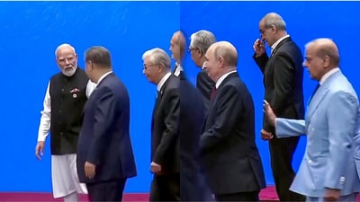 PM Modi seen interacting with Chinese President Xi Jinping (on the left), and Russian President Vladimir Putin seen with Pakistan PM Shehbaz Sharif (on the right) at the SCO Summit in Bishkek, Kyrgyzstan. (ANI Screengrab)
