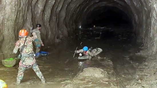 A tunnel rescue team from India partners with the Nepali Army to undertake joint search and rescue operations at critical hydropower tunnel sites at Chilime, in Rasuwa on Tuesday. (ANI Video Grab)