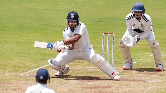 East Zone's Vaibhav Sooryavanshi plays a shot on day three of the Duleep Trophy Semi-final 1 cricket match between Central Zone and East Zone