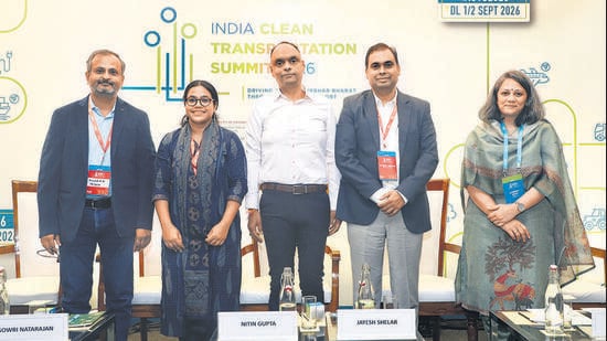 The panel of experts during a discussion on gigafactories and battery recycling on the first day of ICTS 2026 on Tuesday. (HT Photo)