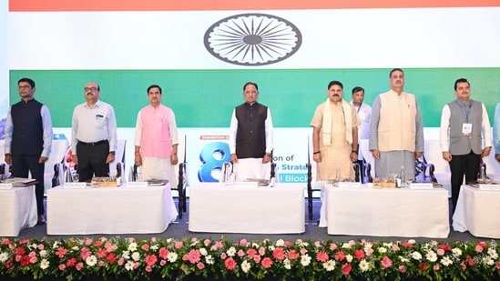 Chhattisgarh Chief Minister Vishnu Deo Sai addresses a roadshow on the auction of critical and strategic mineral blocks in Nava Raipur.