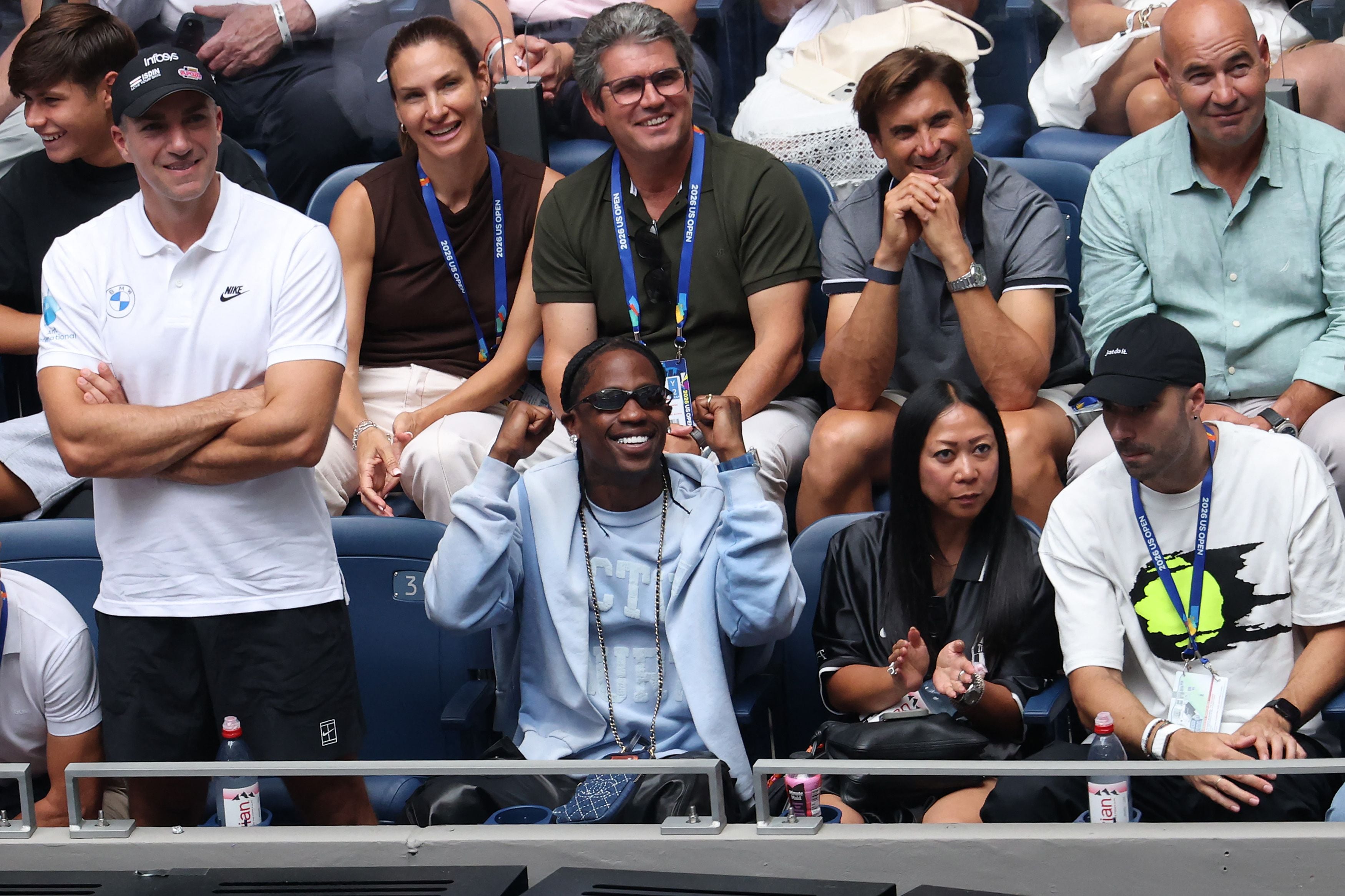 NEW YORK, NEW YORK - AUGUST 31: Rapper Travis Scott looks on during a First Round match between Carlos Alcaraz of Spain and Roman Safiullin on Day Two of the 2026 US Open at USTA Billie Jean King National Tennis Center on August 31, 2026 in the Flushing neighborhood of the Queens borough of New York City.   Julian Finney/Getty Images/AFP (Photo by JULIAN FINNEY / GETTY IMAGES NORTH AMERICA / Getty Images via AFP) (Getty Images via AFP)