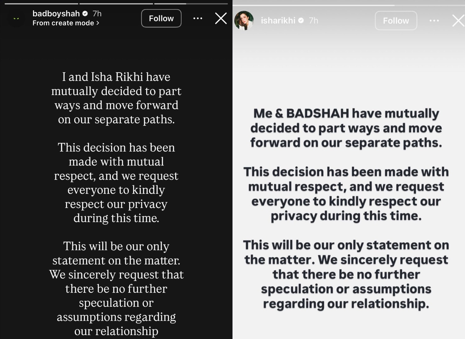 Badshah and Isha Rikhi's statements on their respective Instagram accounts. Badshah and Isha Rikhi's statements on their respective Instagram accounts.