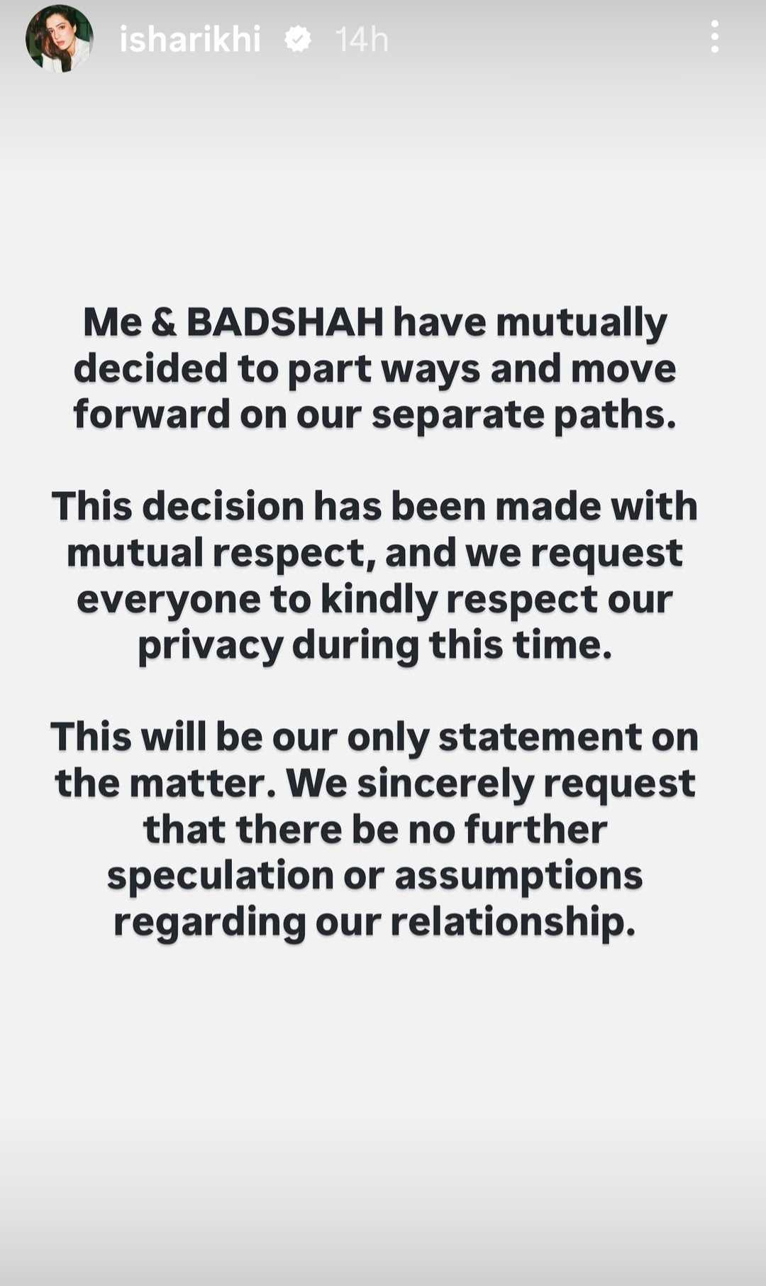 Isha and Badshah have posted the same separation statement on their Instagram Stories on Monday. Isha and Badshah have posted the same separation statement on their Instagram Stories on Monday.