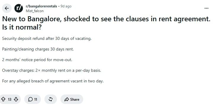 Bengaluru tenant new to the city has sparked a discussion on Reddit after expressing shock over some of the clauses mentioned in a rental agreement. (Reddit Screenshot) Bengaluru tenant new to the city has sparked a discussion on Reddit after expressing shock over some of the clauses mentioned in a rental agreement. (Reddit Screenshot)
