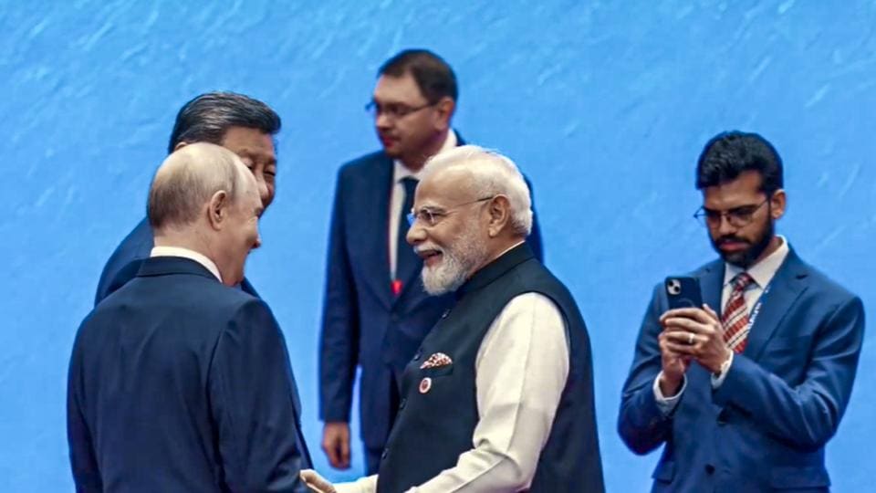 Prime Minister Narendra Modi with Russian President Vladimir Putin and Chinese President Xi Jinping during the Shanghai Cooperation Organisation (SCO) Summit, in Bishkek, Kyrgyzstan (@narendramodi/YT via PTI Photo) Prime Minister Narendra Modi with Russian President Vladimir Putin and Chinese President Xi Jinping during the Shanghai Cooperation Organisation (SCO) Summit, in Bishkek, Kyrgyzstan (@narendramodi/YT via PTI Photo)