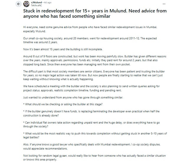 A homeowner has taken to Reddit seeking advice after his housing society in Mulund remained stuck in redevelopment for more than 15 years. (Reddit post screenshot) A homeowner has taken to Reddit seeking advice after his housing society in Mulund remained stuck in redevelopment for more than 15 years. (Reddit post screenshot)