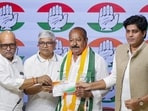 AIMIM national spokesperson Syed Asim Waqar joins the Congress in the presence of the party’s UP in-charge Rajendra Pal Gautam, UP Congress chief Ajay Rai, and AICC minority department chairman Imran Pratapgarhi in New Delhi on Wednesday. (PTI PHOTO)
