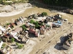 A drone view of the devastation in Devighat area following a mud-laden flash flood caused by an outburst in the Bhotekoshi River, in Nuwakot on Thursday. (ANI Video Grab)
