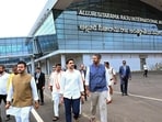 Vizianagaram: Union civil aviation minister Kinjarapu Ram Mohan Naidu, Andhra Pradesh minister Nara Lokesh and Visakhapatnam MP Mathukumilli Sribharat walk through the newly inaugurated Alluri Sitarama Raju International Airport ((@JaiTDP X/ANI File Photo))