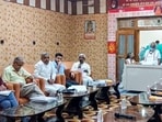 Members of the Shri Ram Janmabhoomi Teerth Kshetra Trust, including Trust President Mahant Nritya Gopal Das, Treasurer Swami Govind Dev Giri, and others, attend a meeting to select the first full-time Chief Executive Officer (CEO) of the Ram Temple from a panel of shortlisted candidates, in Ayodhya, Uttar Pradesh.
