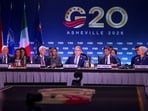 Treasury Secretary Scott Bessent, center, Federal Reserve Chairman Kevin Warsh, JPMorgan Chase CEO Jamie Dimon and Goldman Sachs CEO David Solomon at the G-20 summit in Asheville, N.C.
