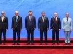 Prime Minister Narendra Modi with other global leaders, including Chinese President Xi Jinping, Russian President Vladimir Putin, and Pakistan Prime Minister Shehbaz Sharif at SCO summit, in Bishkek on Tuesday. 