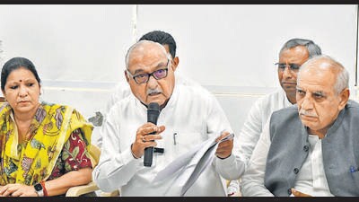 Bhupinder Singh Hooda, Leader of Opposition, Haryana addresses a press conference in Chandigarh on Wednesday. (Keshav Singh/HT)