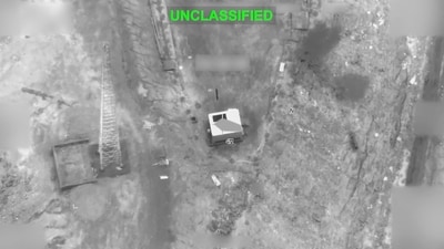 A screengrab from a video obtained from social media on September 1, 2026, shows a view shortly before what U.S. Central Command (CENTCOM) says was a U.S. strike on an Iranian military target. (via REUTERS)