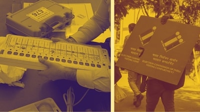 The Supreme Court has asked the Centre why EVM votes cannot be pooled before counting using a totaliser, a device that has existed since 2007. (Credit: AFP/HT Photos; Edited on Canva) (AFP) The Supreme Court has asked the Centre why EVM votes cannot be pooled before counting using a totaliser, a device that has existed since 2007. (Credit: AFP/HT Photos; Edited on Canva) (AFP)