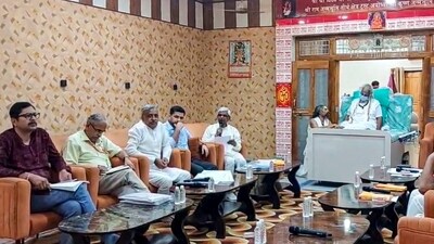 Members of the Shri Ram Janmabhoomi Teerth Kshetra Trust, including Trust President Mahant Nritya Gopal Das, Treasurer Swami Govind Dev Giri, and others, attend a meeting to select the first full-time Chief Executive Officer (CEO) of the Ram Temple from a panel of shortlisted candidates, in Ayodhya, Uttar Pradesh. (PTI) Members of the Shri Ram Janmabhoomi Teerth Kshetra Trust, including Trust President Mahant Nritya Gopal Das, Treasurer Swami Govind Dev Giri, and others, attend a meeting to select the first full-time Chief Executive Officer (CEO) of the Ram Temple from a panel of shortlisted candidates, in Ayodhya, Uttar Pradesh. (PTI)