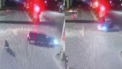 The force of the collision threw the e-rickshaw nearly 50 feet away, while the Endeavour also overturned, police said. (X@itskadak) The force of the collision threw the e-rickshaw nearly 50 feet away, while the Endeavour also overturned, police said. (X@itskadak)