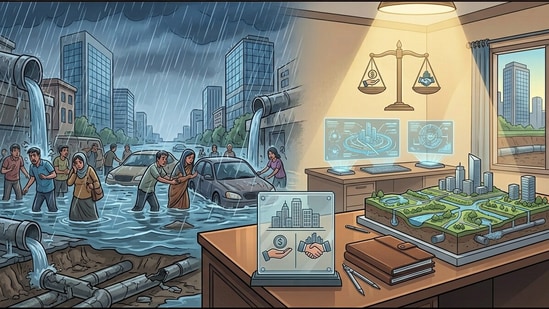 Gurugram flooding: Every monsoon, the city seems to rediscover the same question: why does a city that has spent hundreds of crores on stormwater infrastructure continue to flood. (Picture for representational purposes only) (Gemini Generated Photo )