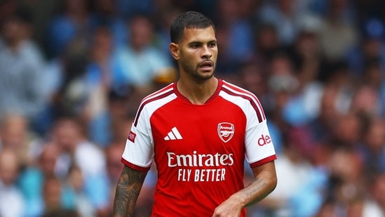 Arsenal's Bruno Guimaraes in action 