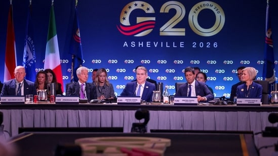 Treasury Secretary Scott Bessent, center, Federal Reserve Chairman Kevin Warsh, JPMorgan Chase CEO Jamie Dimon and Goldman Sachs CEO David Solomon at the G-20 summit in Asheville, N.C.