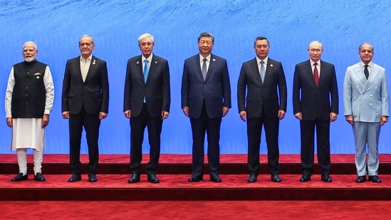 Prime Minister Narendra Modi with other global leaders, including Chinese President Xi Jinping, Russian President Vladimir Putin, and Pakistan Prime Minister Shehbaz Sharif at SCO summit, in Bishkek on Tuesday. (DPR PMO)