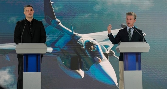 Ukraine's Defense Minister Mykhailo Fedorov, left, and Sweden's Defense Minister Pal Jonson hold a press conference in Kyiv, Ukraine, Wednesday, July 1, 2026.(AP)