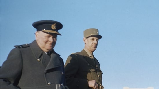Winston Churchill with General de Gaulle during an inspection of French troops at Marrakesh in Morocco, January 1944