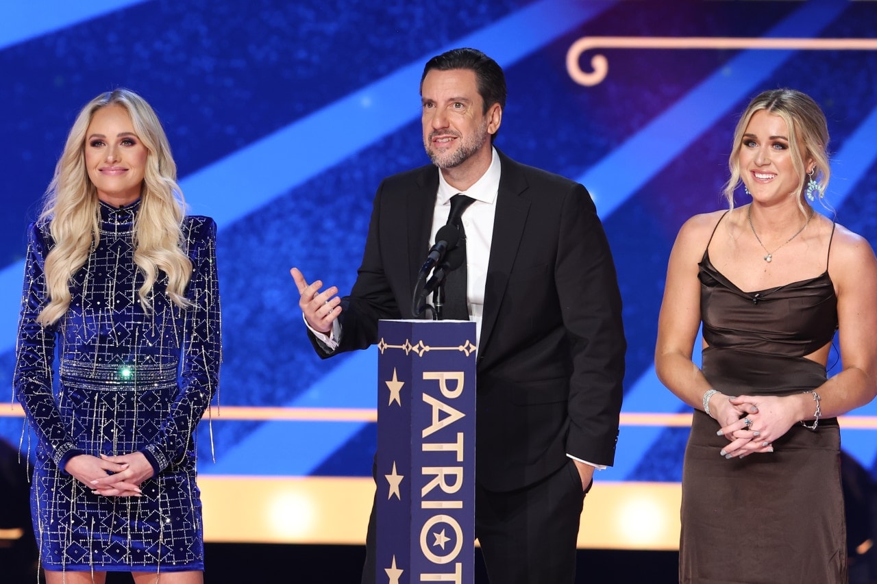 From left: Tomi Lahren, Clay Travis and Riley Gaines onstage at the 2023 FOX Nation Patriot Awards.