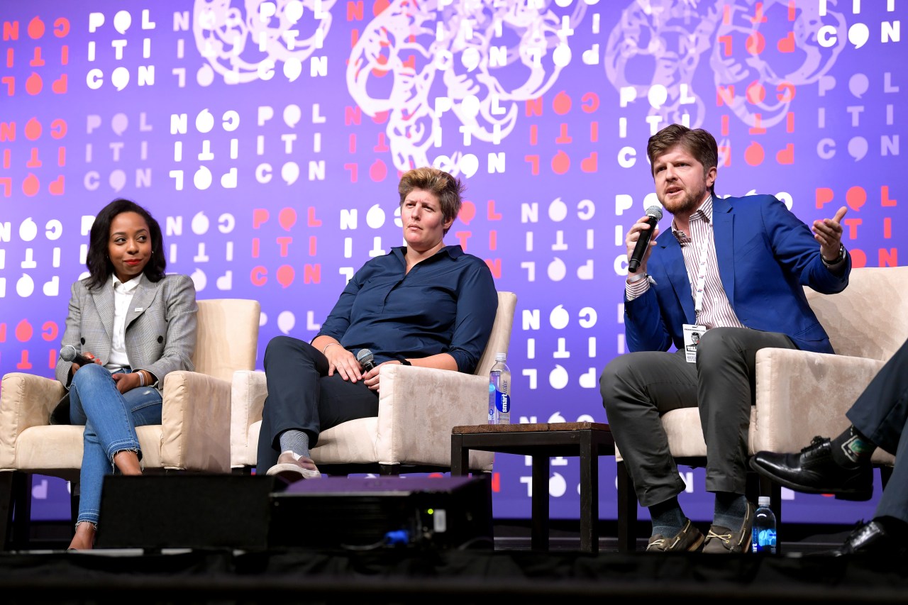 From left: Briahna Joy Gray, Sally Kohn and Buck Sexton during Politicon 2019.