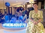 Diana Mickevičienė, Lithuania’s ambassador to India poses with The Ashok’s 70th anniversary cartoon. (HT Photo)