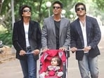 Riteish Deshmukh, Akshay Kumar and Fardeen Khan in a still from Heyy Babyy.