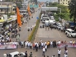 Karad: Members of the Maratha community hold banners and block traffic on the Karad-Chiplun highway in support of quota activist Manoj Jarange Patil's hunger strike, in Karad, Maharashtra, Thursday, Sept. 3, 2026. (PTI)