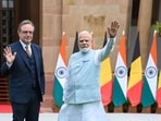 Prime Minister Narendra Modi shakes hands with Belgian Prime Minister Bart De Wever ahead of their bilateral meeting at Hyderabad House in New Delhi