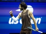 Spain's Carlos Alcaraz reacts after a point during the men's singles second round tennis match against Portugal's Jaime Faria on day four of the US Open