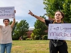 Demonstrators call for a first degree murder verdict as they protest outisde the courthouse during the jury deliberation phase of Lindsay Clancy's murder trial at the Plymouth County Superior Court in Plymouth, Massachusetts, on September 2, 2026. Lindsay Clancy is on trial for the January 2023 strangulation deaths of her three young children. (Photo by JOSEPH PREZIOSO / AFP)
