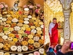 Chhappan Bhog and Pundrik Goswami distributing bhog at the Radha Raman Temple