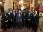 King Charles III meets members of the Pakistan national cricket team during an audience with the team at Clarence House.