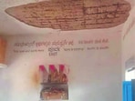 The damaged section of the classroom ceiling at the school in Bagalkot district on Wednesday. (Special arrangement)
