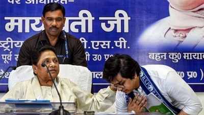 Bahujan Samaj Party chief Mayawati with her nephew Akash Anand (ANI file photo) Bahujan Samaj Party chief Mayawati with her nephew Akash Anand (ANI file photo)
