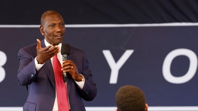 Kenya's President William Ruto gestures as he speaks during the launch of the 'National Conversation Beyond 2030' at the KICC, Nairobi, Kenya. (REUTERS)