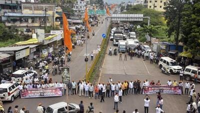 Karad: Members of the Maratha community hold banners and block traffic on the Karad-Chiplun highway in support of quota activist Manoj Jarange Patil's hunger strike, in Karad, Maharashtra, Thursday, Sept. 3, 2026. (PTI) Karad: Members of the Maratha community hold banners and block traffic on the Karad-Chiplun highway in support of quota activist Manoj Jarange Patil's hunger strike, in Karad, Maharashtra, Thursday, Sept. 3, 2026. (PTI)