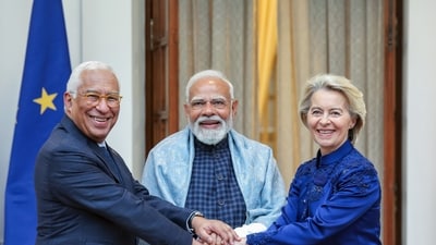 Prime Minister Narendra Modi with European Council President António Luís Santos da Costa and European Commission President Ursula von der Leyen, at Hyderabad House in New Delhi. (DPR PMO)