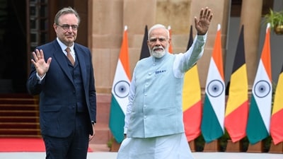 Prime Minister Narendra Modi shakes hands with Belgian Prime Minister Bart De Wever ahead of their bilateral meeting at Hyderabad House in New Delhi (HT Photos) Prime Minister Narendra Modi shakes hands with Belgian Prime Minister Bart De Wever ahead of their bilateral meeting at Hyderabad House in New Delhi (HT Photos)