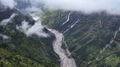 Bhange Jharna and other waterfalls are seen cascading into the Trishuli river in the aftermath of the recent flash floods, at Grang, in Rasuwa district, Nepal, Sept. 2, 2026. (PTI)