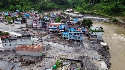 A drone view of the devastation in the Devighat area following a mud-laden flash flood caused by an outburst in the Trishuli River, in Nuwakot (ANI Video Grab)