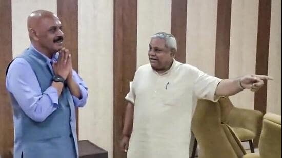 Air Marshal (retired) Jeetendra Mishra, the Shri Ram Janmabhoomi Teerth Kshetra Trust’s chief executive officer, at a meeting with members and office bearers, in Ayodhya on Thursday. (PTI VIDEO GRAB)