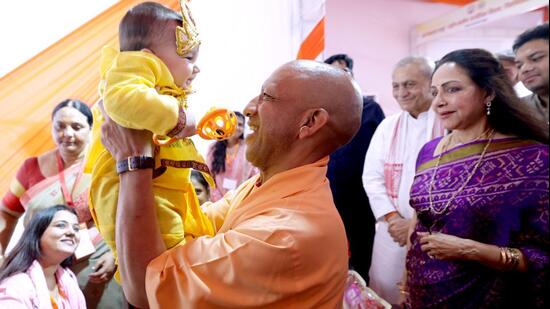 Chief minister Yogi Adityanath during an event in Mathura on the eve of Janmashtami. (HT)