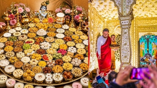 Chhappan Bhog and Pundrik Goswami distributing bhog at the Radha Raman Temple (Photos: Instagram/Ammakirasoi and Radha Raman Temple)