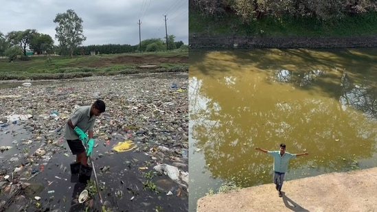 Bittu Tabahi cleans polluted Ajnar river in MP. (Instagram/@bittu_tabahi)
